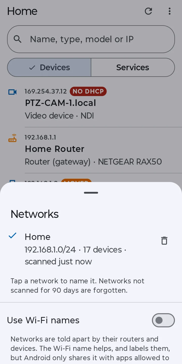 The networks NetWho remembers, each with its devices